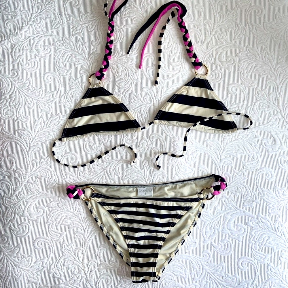 OndadeMar Stripe👙triangle cheeky Bikini M bathing suit stripes black white pink